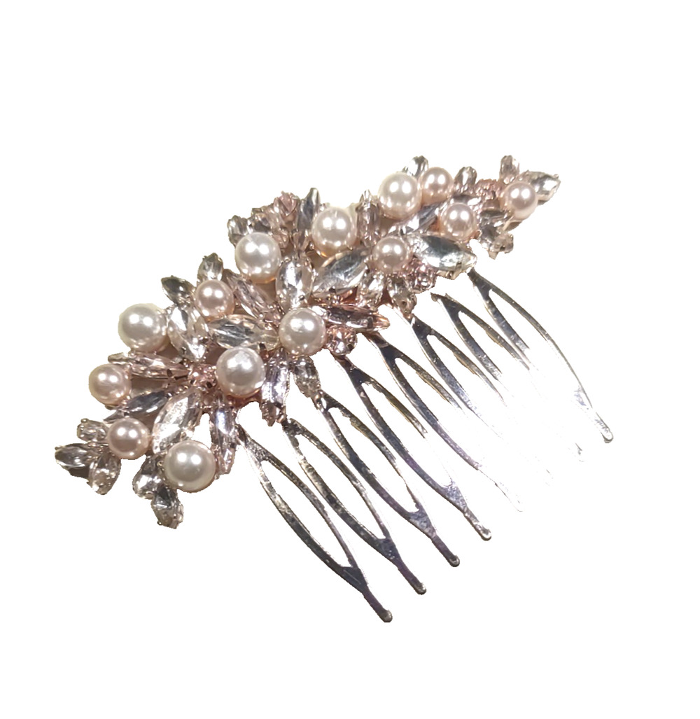 Hair Barrette Comb Gold Tone Faux Pearl Rhinestone Wedding Church Party